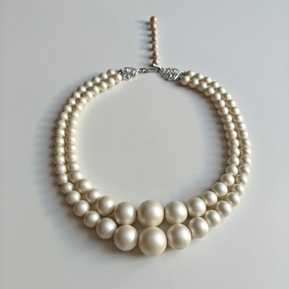 Vintage Graduated Double Strand Faux Pearl Necklace Silver Tone Filigree Hook